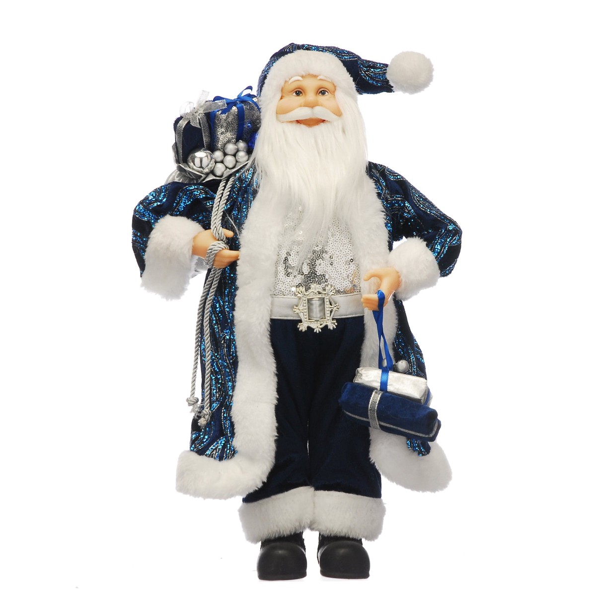 Festive Christmas Navy and Silver Standing Sequin Santa with Sack 45cm